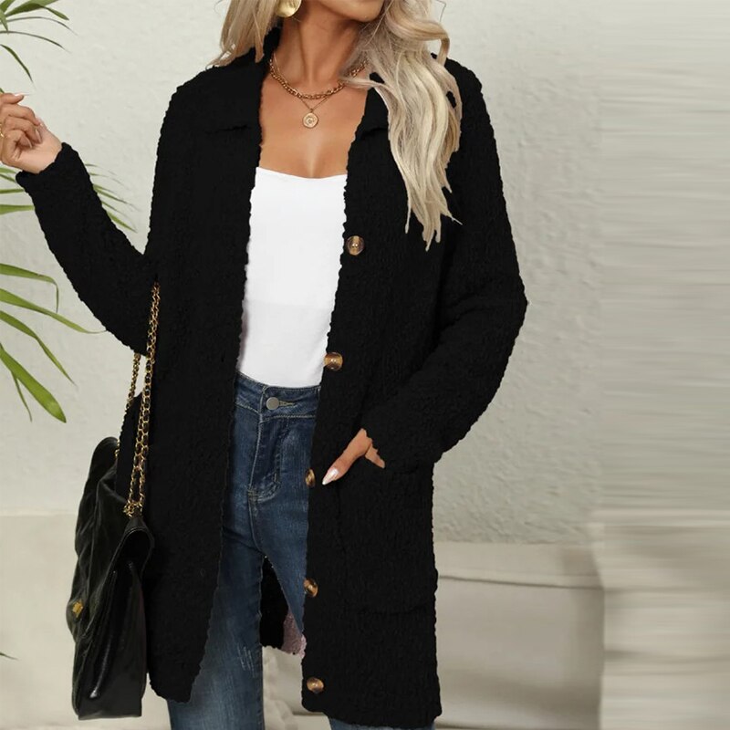Lang teddy-cardigan med lommer - Ella