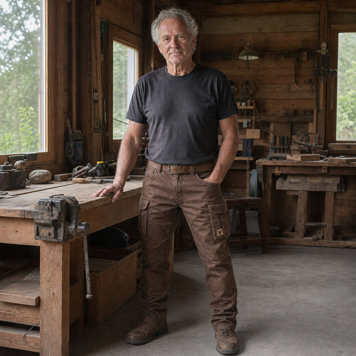 Mann in brauner Hose und dunklem T-Shirt steht in einer Holzwerkstatt neben einer Werkbank 4