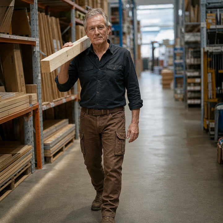 Älterer Mann in brauner Hose und dunklem Hemd trägt ein Holzbrett durch ein Lager 3