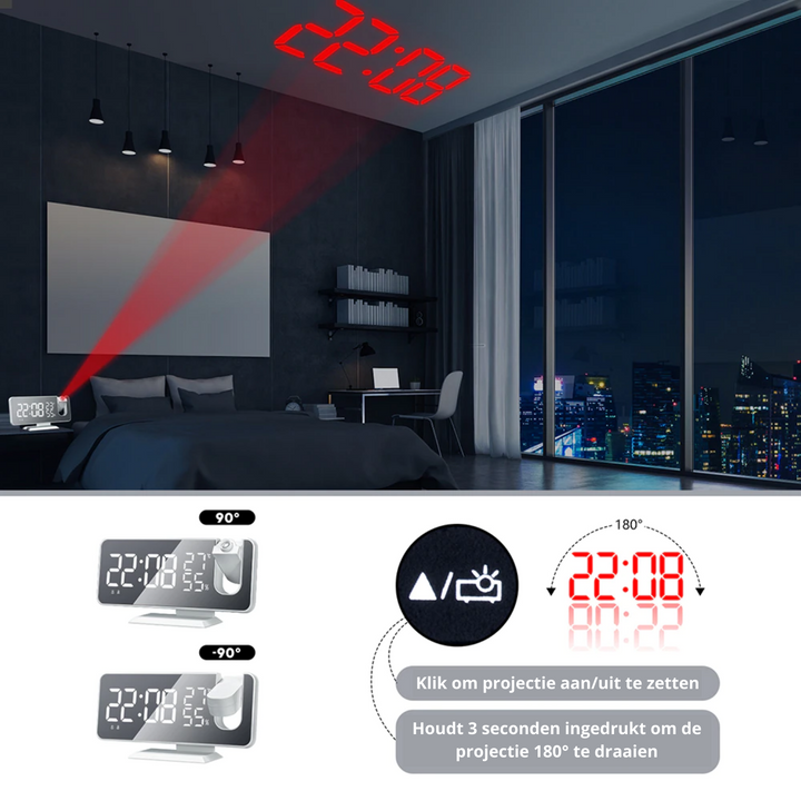 Astronatic | Der beste Wecker mit LED-Bildschirm – 180°-Projektor – USB-Ladegerät