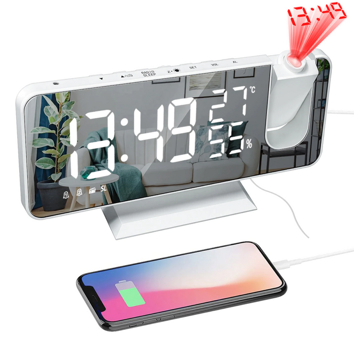 Astronatic | Der beste Wecker mit LED-Bildschirm – 180°-Projektor – USB-Ladegerät